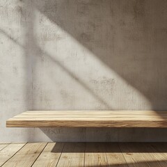 Poster - Sunlight illuminates a rustic wooden shelf against a textured concrete wall.