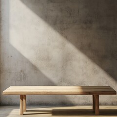 Aufkleber - Wooden bench against a textured wall in sunlight.