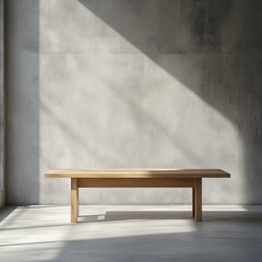 Poster - Minimalist wooden bench against a concrete wall in sunlight.