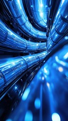 Poster - Futuristic blue metallic pipes curving through space with bright light reflections abstract