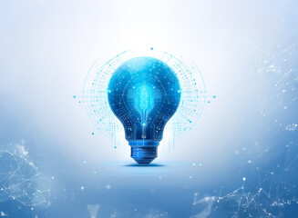 Wall Mural - A glowing blue lightbulb, digitally rendered, symbolizes innovation and technological advancement.  Intricate network patterns surround it, suggesting connectivity and complex systems.