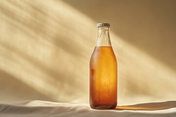 Wall Mural - A Glass Bottle Of Chilled Amber Liquid In Sunlight