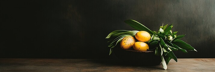 Wall Mural - a bowl of fruit sitting on a table with a green leafy plant