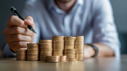 Poster - A person arranges stacks of coins on a table while holding a pen, illustrating themes of finance and investment.