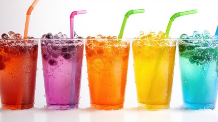 Poster - Five colorful drinks with straws and ice in a row on a white background creating a vibrant scene