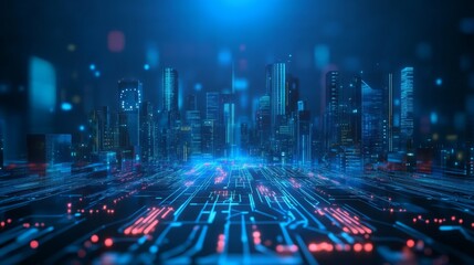 Fototapete - A futuristic digital city skyline with glowing lights and intricate network patterns, creating a tech-inspired atmosphere.
