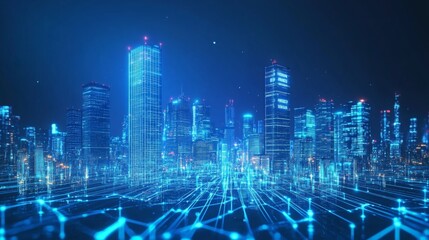 Aufkleber - A futuristic city skyline illuminated in blue, showcasing tall buildings interconnected with glowing lines, symbolizing advanced technology and digital networks.
