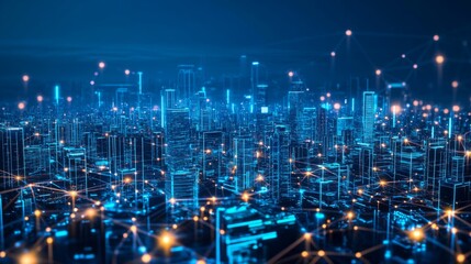 Poster - A futuristic city skyline illuminated with blue lights, showcasing a network of interconnected buildings and digital connections.