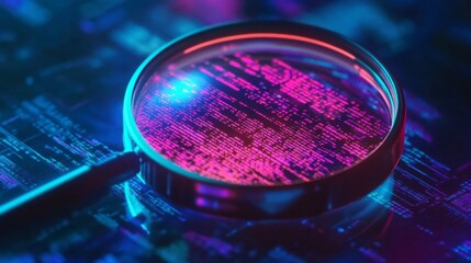 Poster - A colorful magnifying glass focuses on digitized data, highlighting the intersection of technology and analysis in a vibrant, futuristic setting.