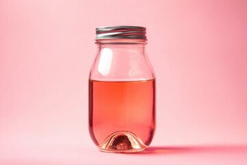 Wall Mural - Pink liquid in a glass bottle against a pink background