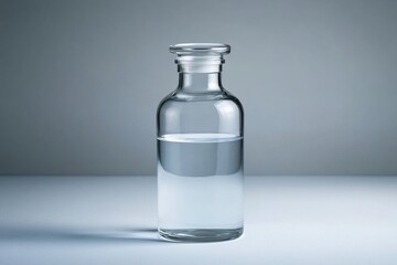Poster - Clear glass bottle filled with water on a gray surface in a minimalist studio setting