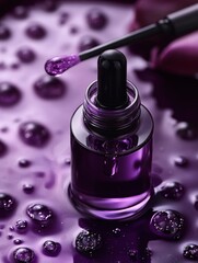 Aufkleber - Purple liquid beauty serum in glass bottle with dropper and scattered liquid drops on surface
