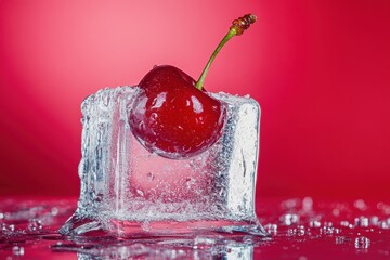 Wall Mural - A single red cherry encased in an ice cube