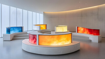 Poster - Kaleidoscopic motion twirls in an art installation featuring a white circular table and vibrant colors in harmony