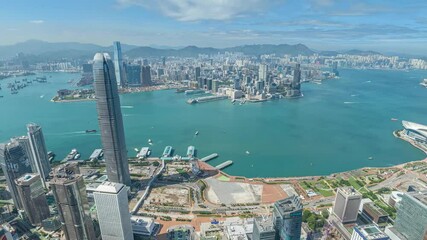 Poster - 4K still video of Hong Kong's harbor, zoomed out to show the city skyline and surrounding water.