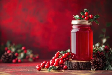 Sticker - Festive Cranberry Juice in Glass Jar with Holly Berries