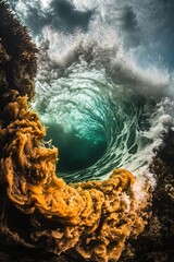 Poster - Underwater Wave Curl with Coral Reef and Cloudy Sky Creates a Dynamic Scene of Ocean Power