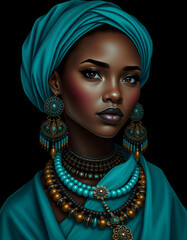 Wall Mural - A cinematic illustration of an African American woman dressed in a stunning turquoise ensemble, adorned with intricate beadwork and multi-layered jewelry. 