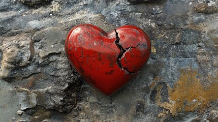 Poster - Cracked red heart against rough stone surface symbolizing heartbreak and emotional pain