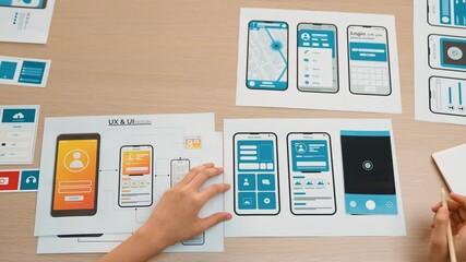 Poster - top view video of startup company ui or ux developer joining hand over user interface prototype for 