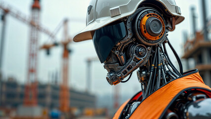Poster - futuristic cyborg builder with mechanical parts inside body at construction site . Generative AI