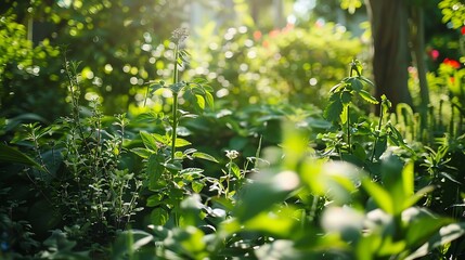 Wall Mural - vibrant garden bathed in sunlight, showcasing the beauty of green plants and flowers. serene and pea