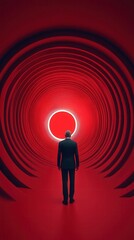 Wall Mural - a figure stands in a dark red tunnel, facing a glowing circular light at the end, creating an atmosp