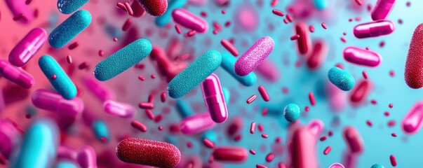 Poster - Microscopic action of colorful bacteria laboratory setting digital render abstract environment close-up view