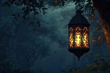 Wall Mural - enchanted forest night scene with glowing lantern