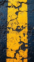 Poster - Cracked Yellow Paint Line on Dark Asphalt Texture Close Up Abstract Background