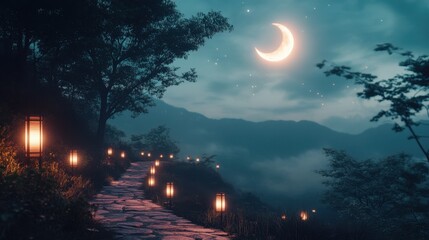 Wall Mural - enchanted forest path under a crescent moon