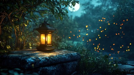 Wall Mural - enchanted garden at night with glowing lantern and fireflies