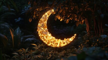 Wall Mural - enchanted garden with a flaming crescent moon at night