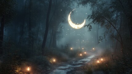 Wall Mural - enchanted moonlit forest path with glowing lights