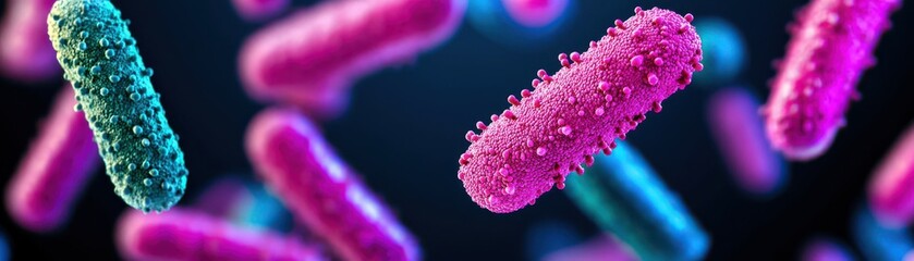 Poster - Microscopic bacteria in colorful visualization laboratory setting scientific illustration abstract environment close-up view
