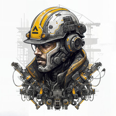 Poster - futuristic cyborg builder with mechanical parts inside body at construction site . Generative AI