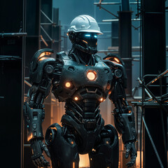 Poster - futuristic cyborg builder with mechanical parts inside body at construction site . Generative AI