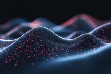 Poster - Abstract glowing wave pattern with red dots on a dark background creating a futuristic feel