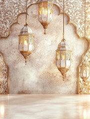 Poster - Glowing Golden Lanterns with Intricate Islamic Design