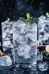 Poster - Refreshing Sparkling Water with Ice and Mint on Dark Surface with Bokeh Snow Effect