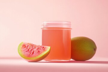 Wall Mural - Guava Juice and Fresh Guavas on Pink Background