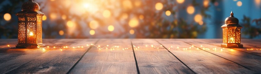 Poster - Glowing Lanterns on Wooden Table with Fairy Lights and Bokeh Background