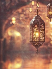 Aufkleber - Glowing Metal Lanterns Hanging in Dark Ambiance