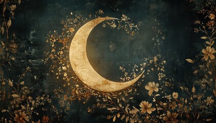 Poster - Golden Crescent Moon with Floral Motifs on a Dark Textured Background