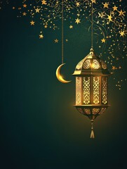 Wall Mural - Golden Lantern with Crescent Moon and Stars under Night Sky