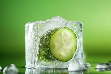 Wall Mural - Frozen Cucumber Slice In An Ice Cube