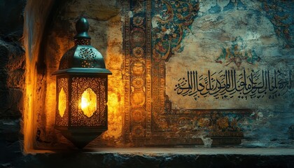 Poster - Intricate Metal Lantern Illuminates Ancient Arabic Calligraphy on Weathered Stone Wall