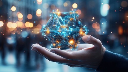 Poster - Evolving polyhedron animation showcases geometric transformation held in a hand against a vibrant city backdrop