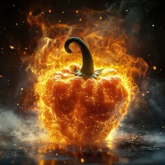 Poster - Fiery pepper ablaze with intense heat and smoke on dark surface creating a dramatic scene