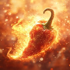 Poster - Fiery red pepper engulfed in flames with sparkling particles and bokeh effect on warm background
